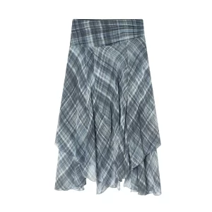2025 Winter New Product Spicy Girl Style High Waist Asymmetric Grid Pattern Folded Midi Skirt Half Skirt Long Skirt