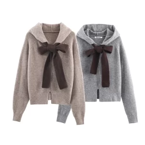 European & American Style 2025 Winter New Women's Fashionable Versatile Knit Bomber Jacket with Bow