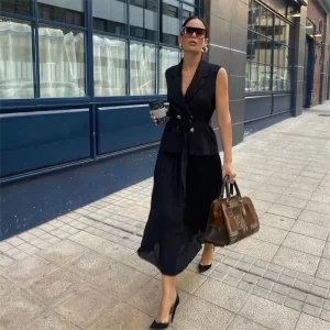 European and American Style Women's New 2024 Spring and Summer Fashion Casual Temperament Small Pleated Vest Style Dress