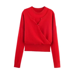 Autumn red high-end fake two short knitted sweaters top sweater autumn and winter women's fashionable and stylish style